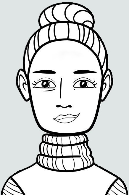 An avatar of Code Em, in black and white, showing her head and shoulders. The character has her hair tied up in a bun on the top of her head, a small smile on her face and is wearing a turtle-neck jumper.